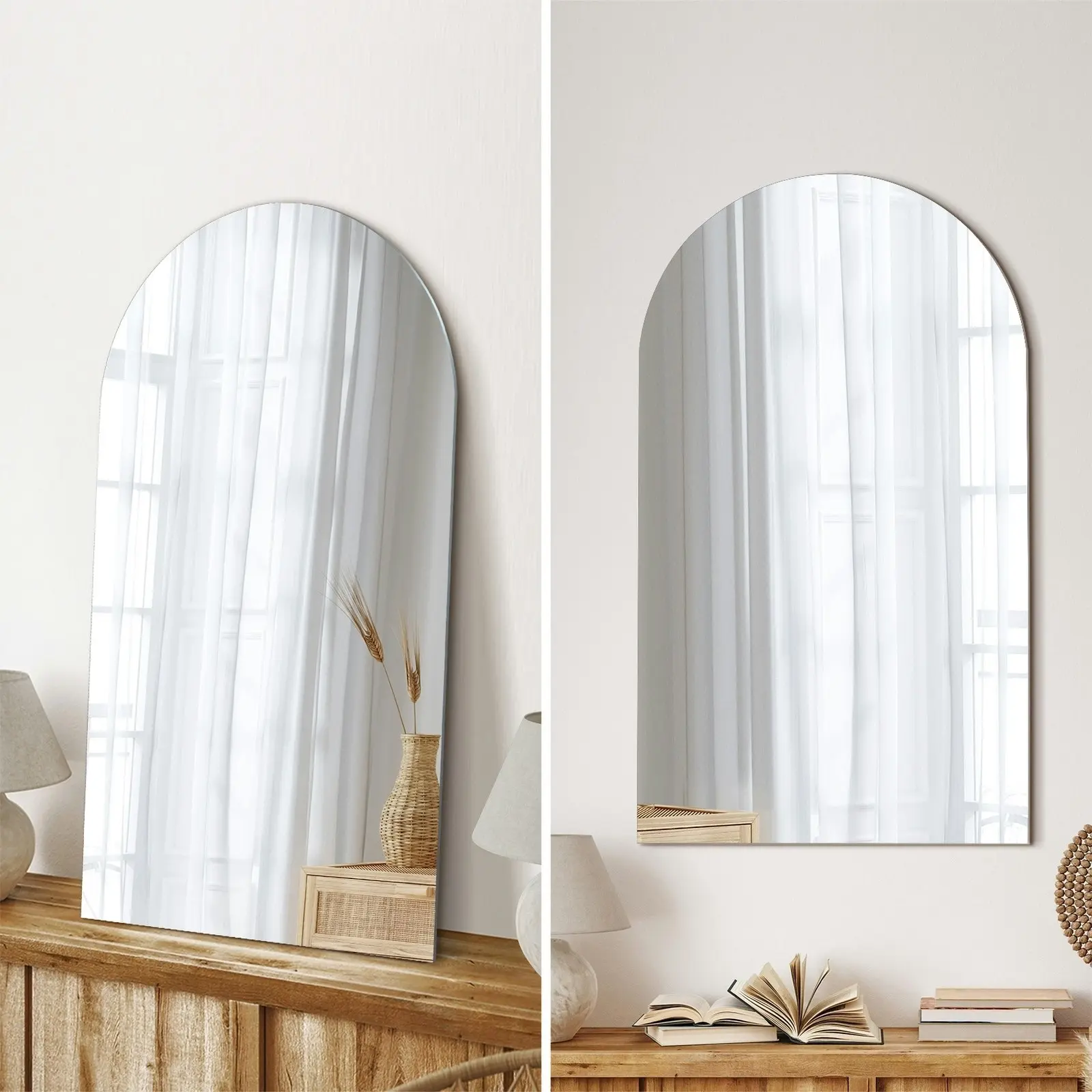 Oikiture Wall Mirrors 86x50cm Arched Bathroom Frameless Mirror Set of 2