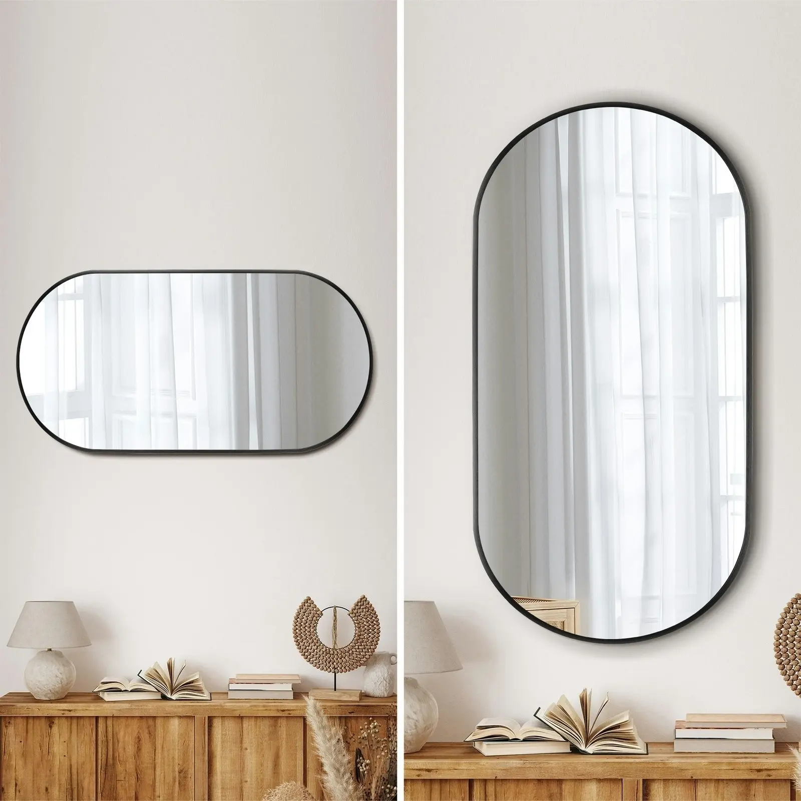 Oikiture Wall Mirrors Oval Home Decor Mirror Black 84x50cm Set of 2