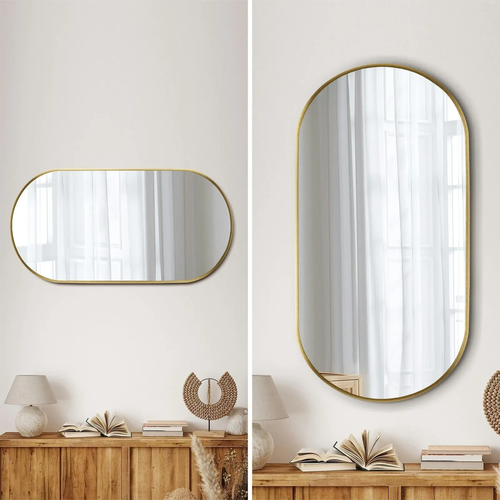 Oikiture Wall Mirrors Oval Home Decor Mirror Gold 84x50cm Set of 2