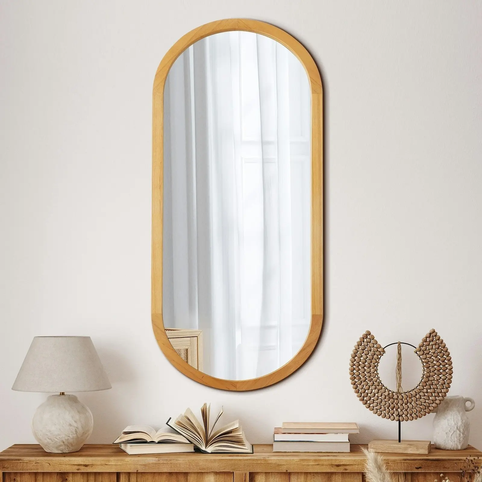 Oikiture Wall Mirrors Oval Home Decor Mirror Wooden 76x31cm Set of 2