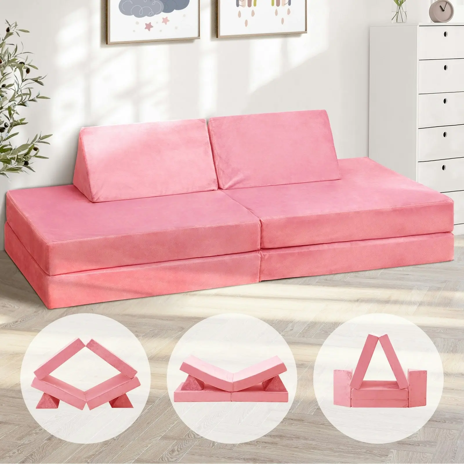 Oikiture 4Pcs Kids Play Couch Modular Lounge Cushion Convertible Playset Pink