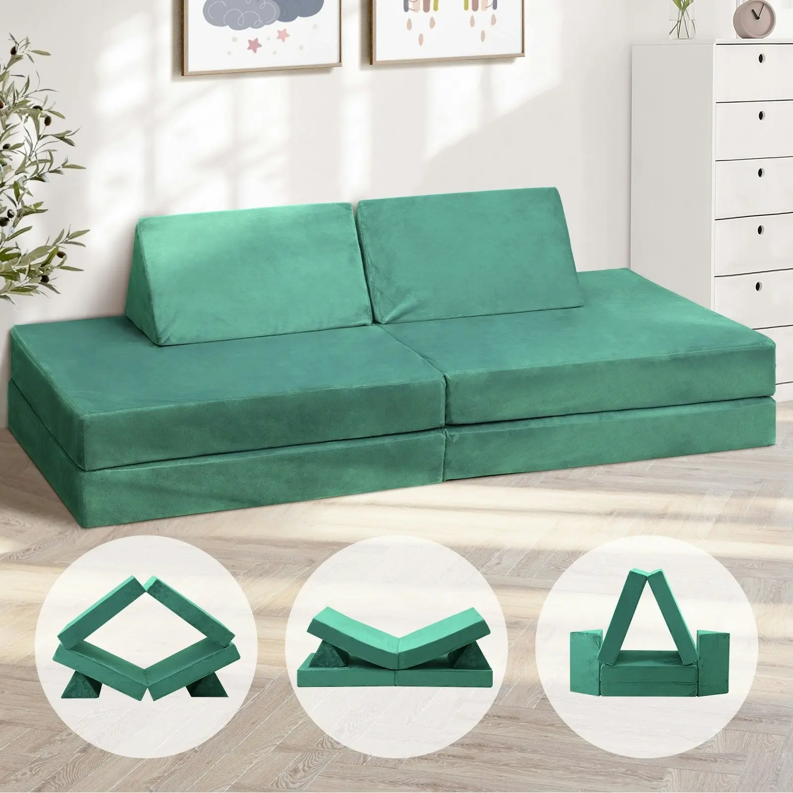 Oikiture 4Pcs Kids Play Couch Modular Lounge Cushion Convertible Playset Green