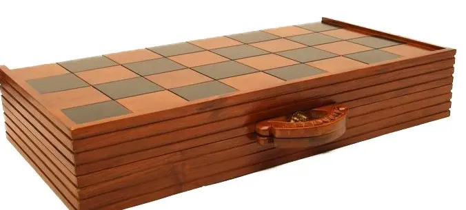 Teak Chess Case and 20cm Chess Pieces.