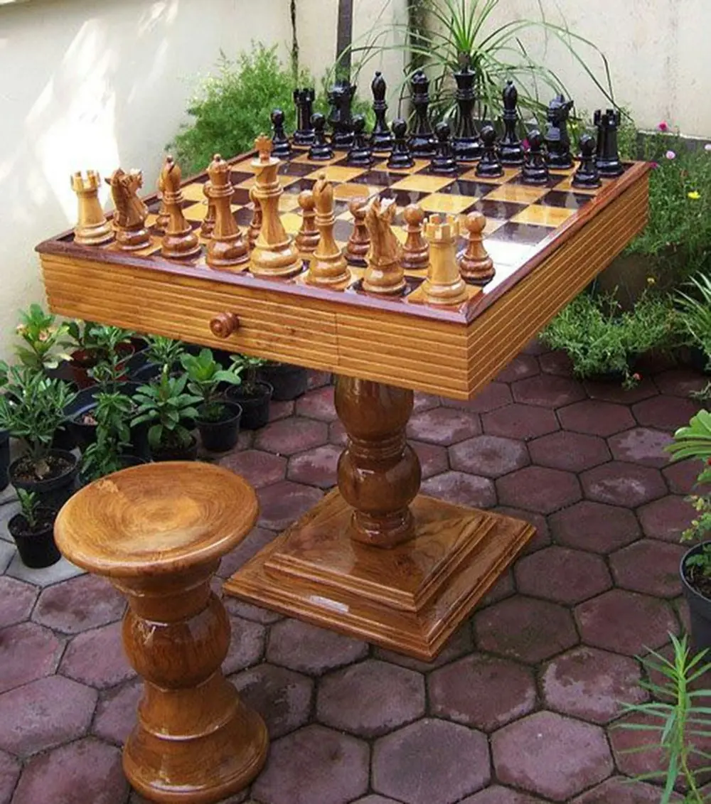 Teak Chess Package including Table, Stools and Pieces