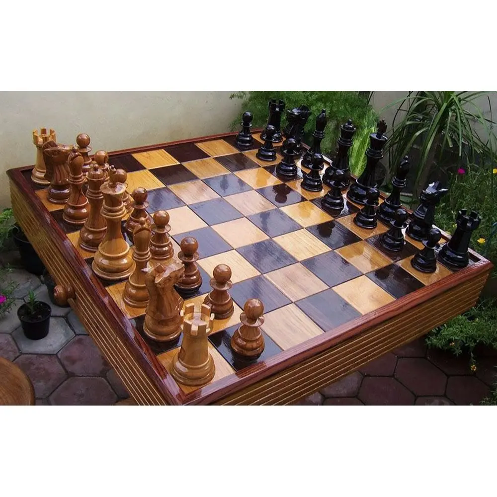 Teak Chess Package including Table, Stools and Pieces