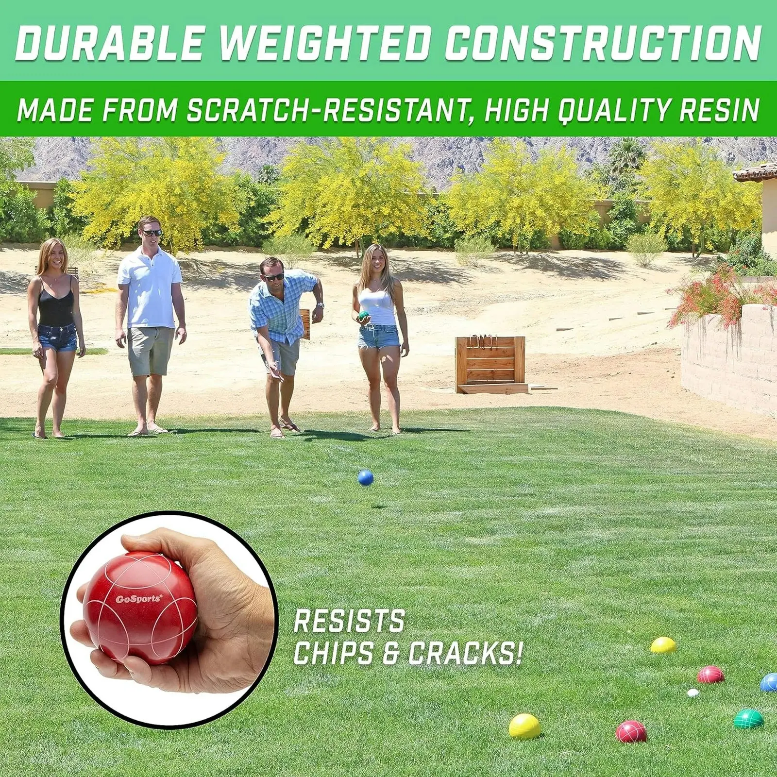 Backyard Bocce Set with 90mm Resin Balls, Pallino, Case and Measuring Rope.