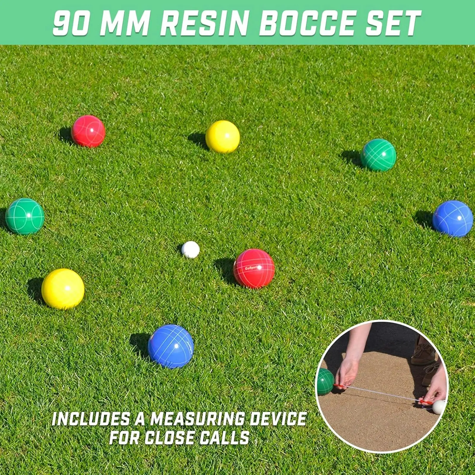 Backyard Bocce Set with 90mm Resin Balls, Pallino, Case and Measuring Rope.