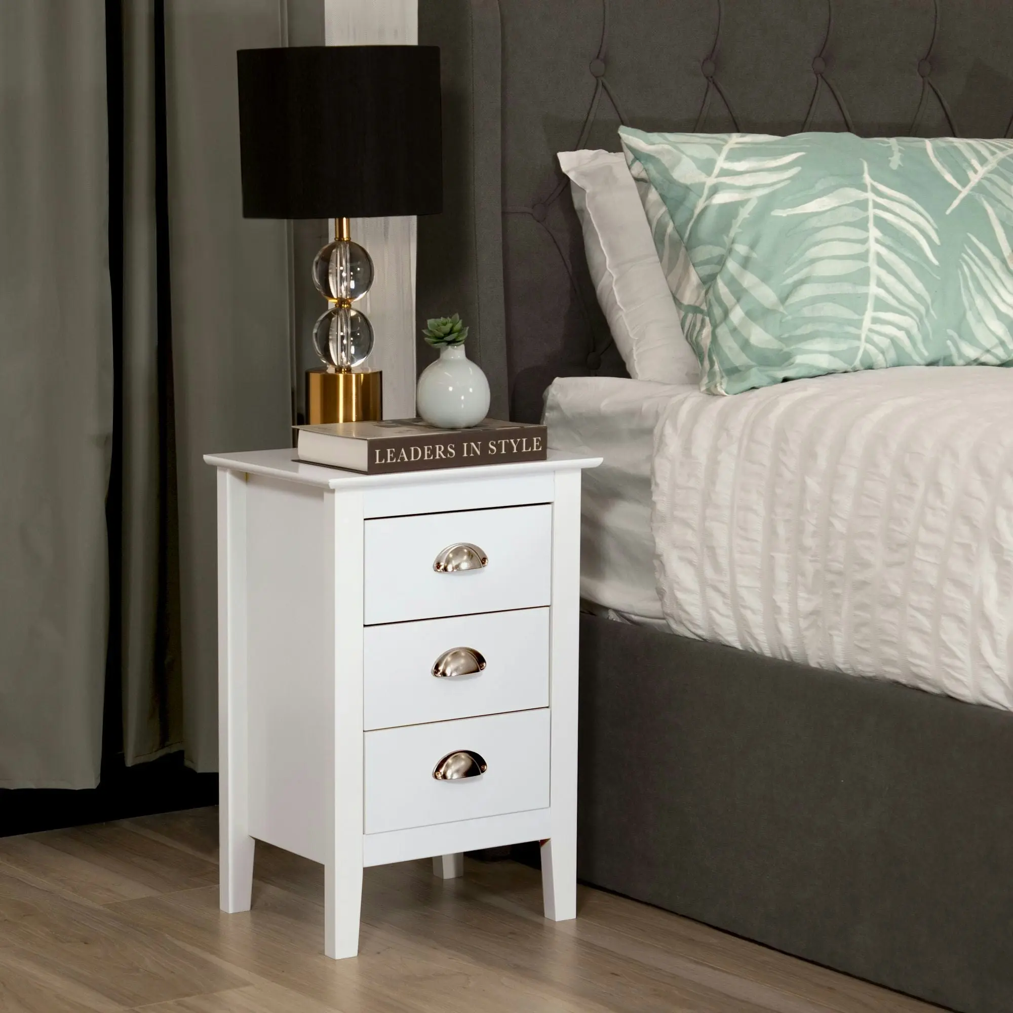 Costway 3 Drawers Bedside Table White