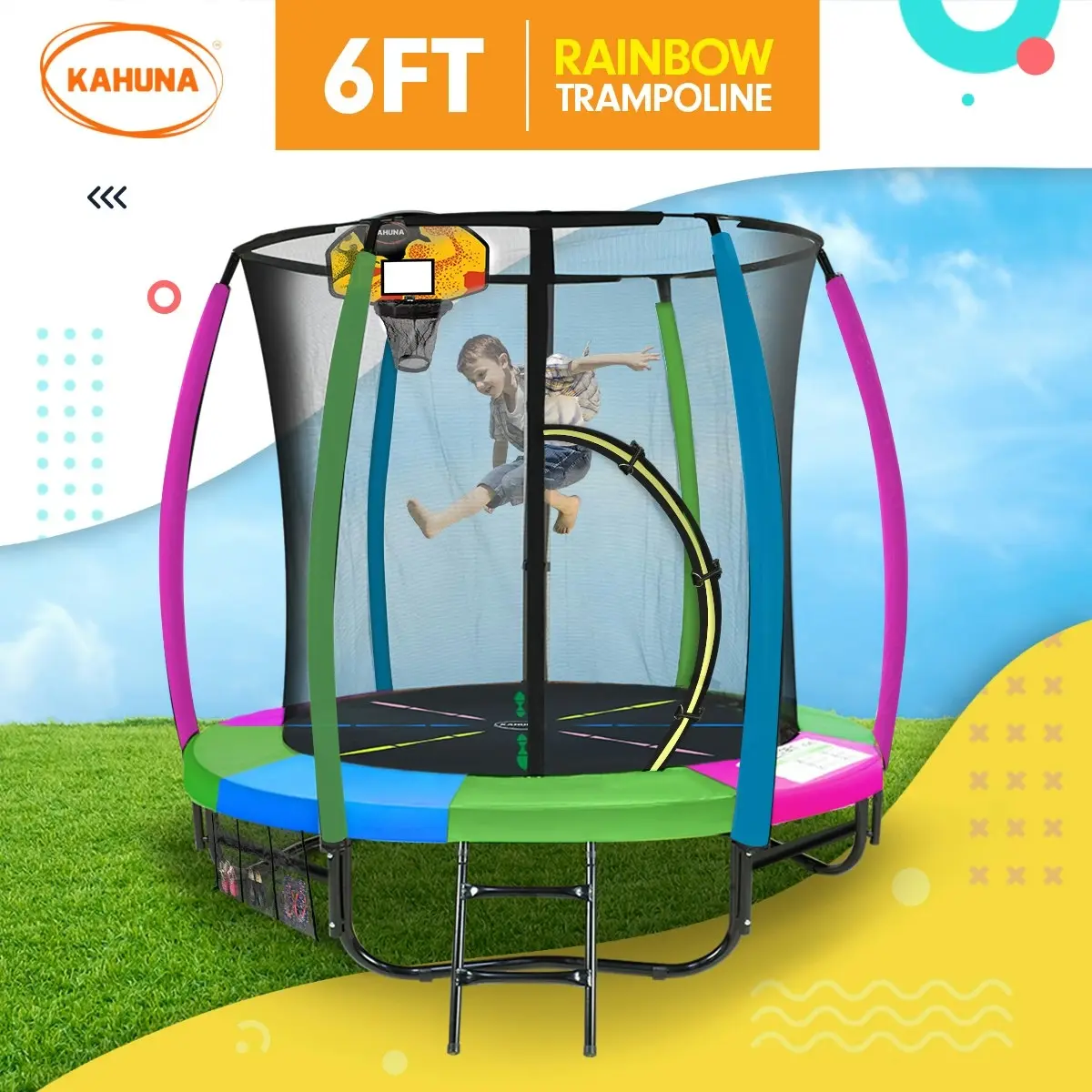 Kahuna Trampoline 6ft with Basketball Set - Rainbow