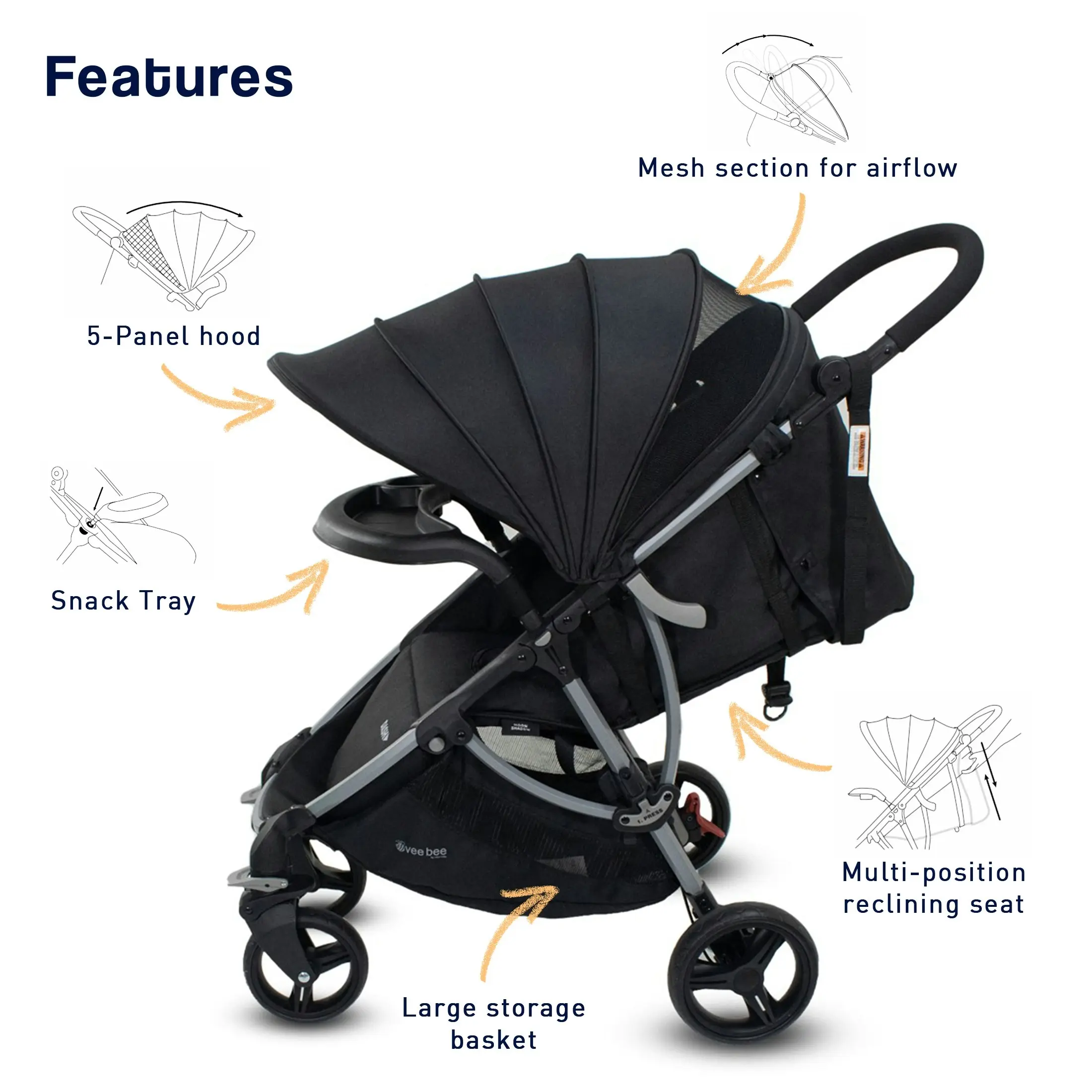 VeeBee Dash Stroller with Snack Tray - Moon Shadow