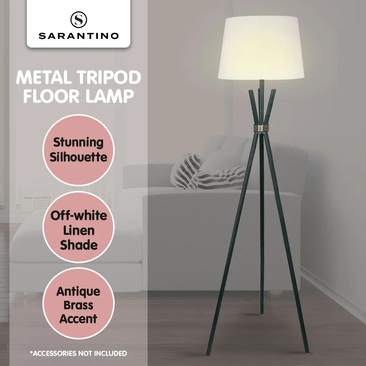 Sarantino Tripod Floor Lamp in Metal and Antique Brass