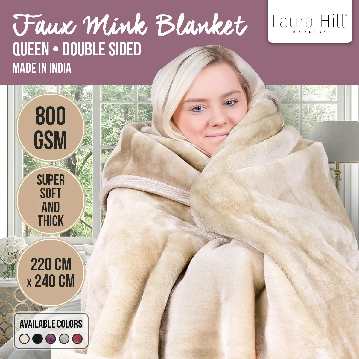 Laura Hill Faux Mink Blanket 800GSM Heavy Double-Sided - Beige