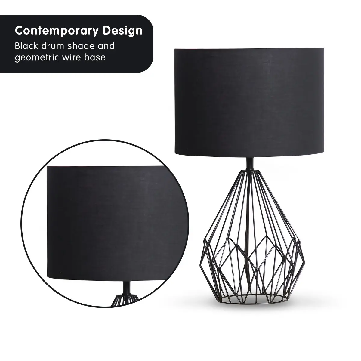 Sarantino Metal Wire Table Lamp in Black Finish With Black Drum Shade