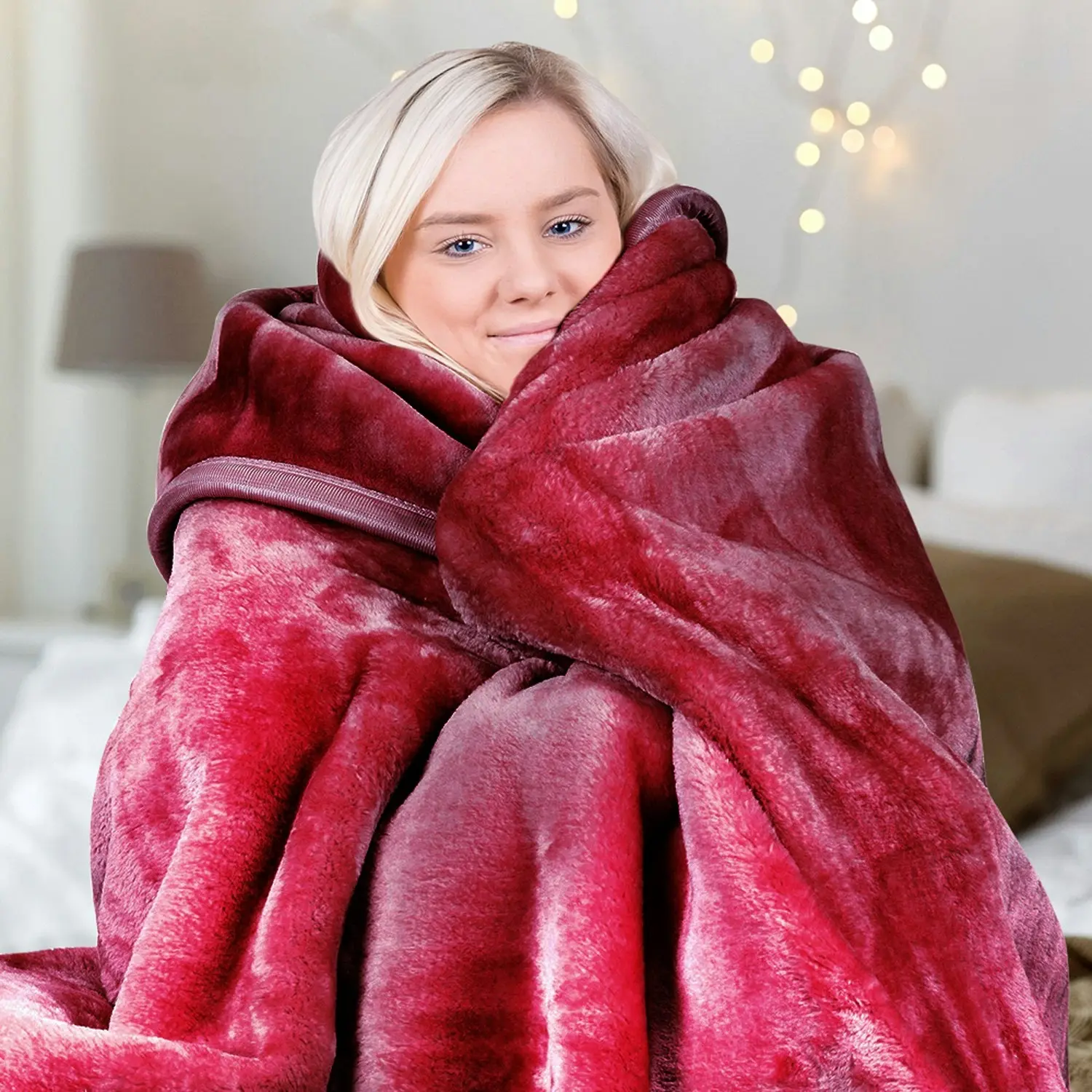 Laura Hill 600GSM Faux Mink Blanket Double-Sided Queen Size - Wine Red