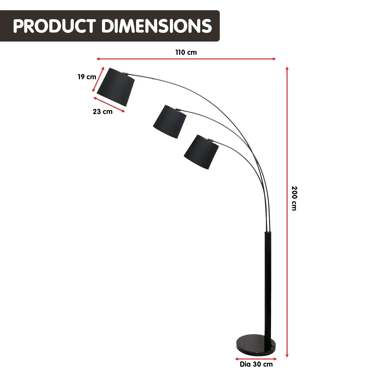 Sarantino 3-Light Arc Floor Lamp Adjustable Black 3 Shades