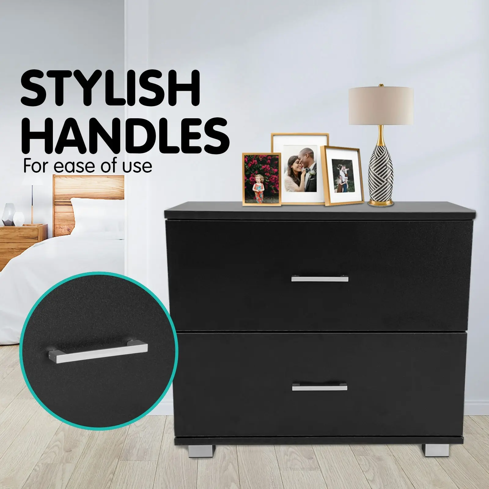 Bedside Table with Drawers MDF Wood - Black