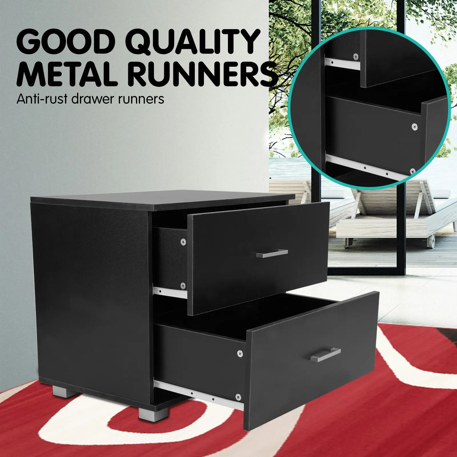 Bedside Table with Drawers MDF Wood - Black