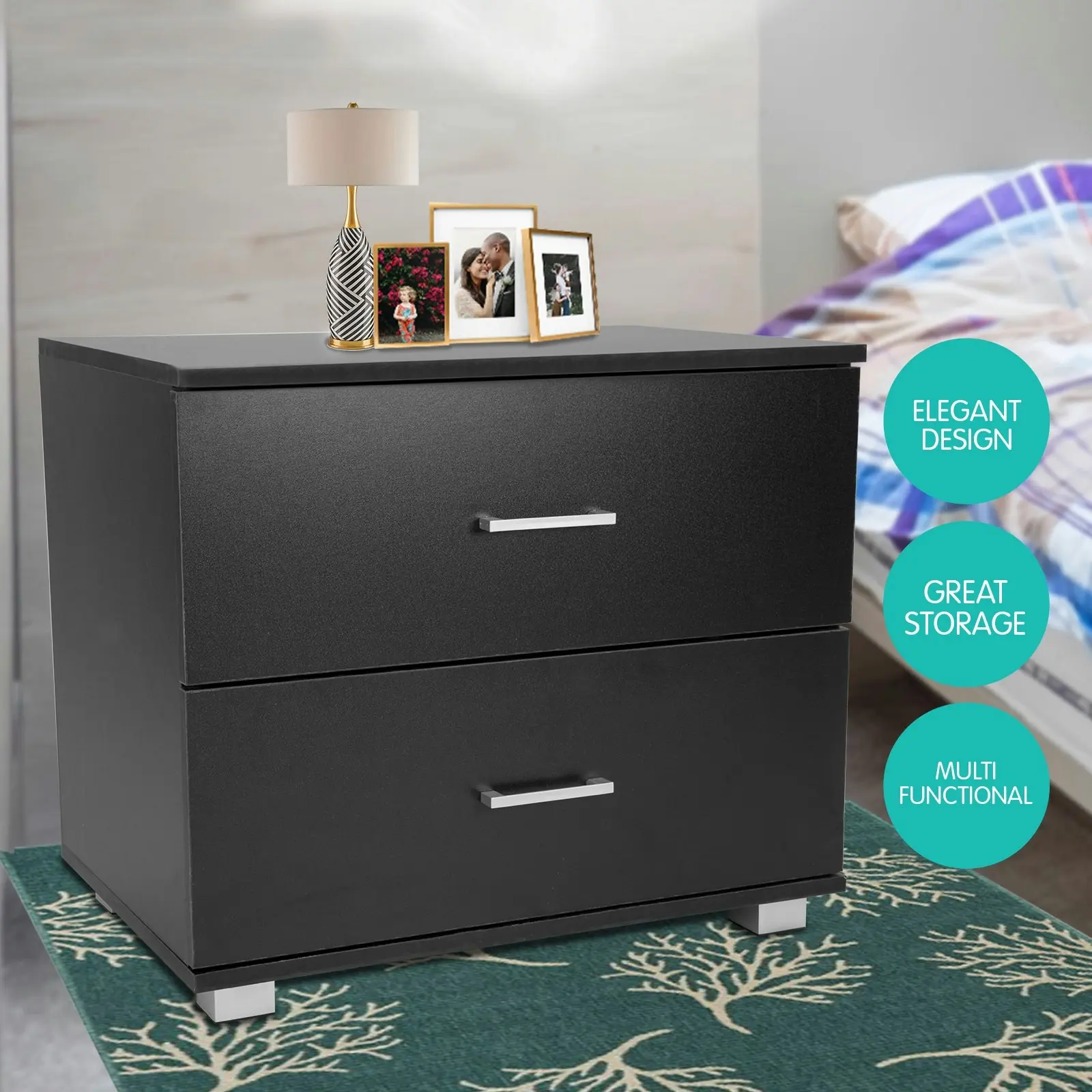 Bedside Table with Drawers MDF Wood - Black