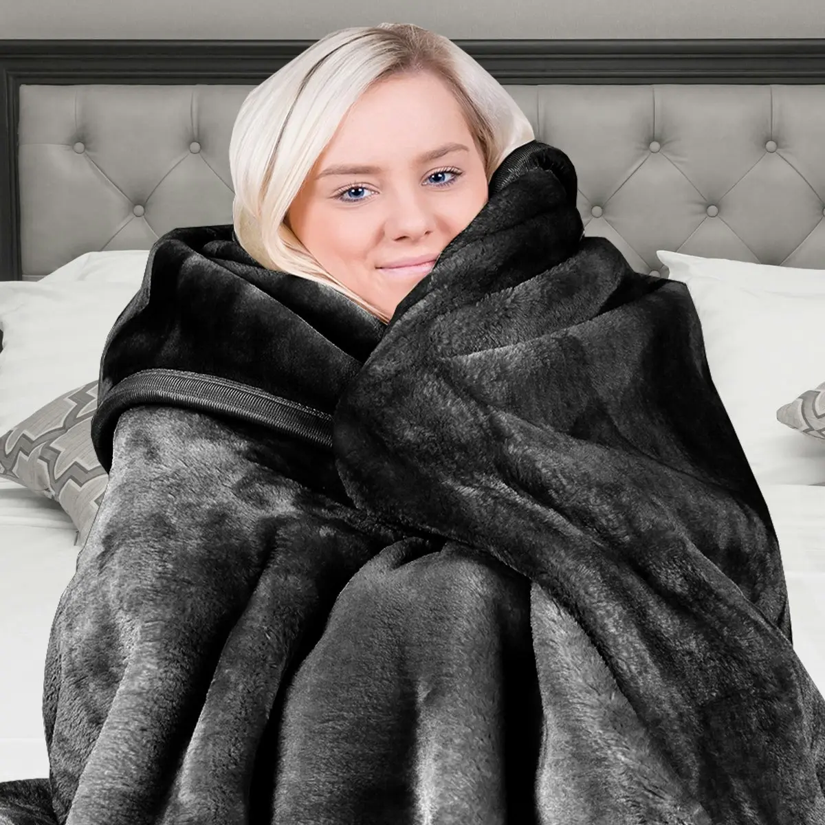 Laura Hill 600GSM Faux Mink Blanket Double-Sided Queen Size - Black