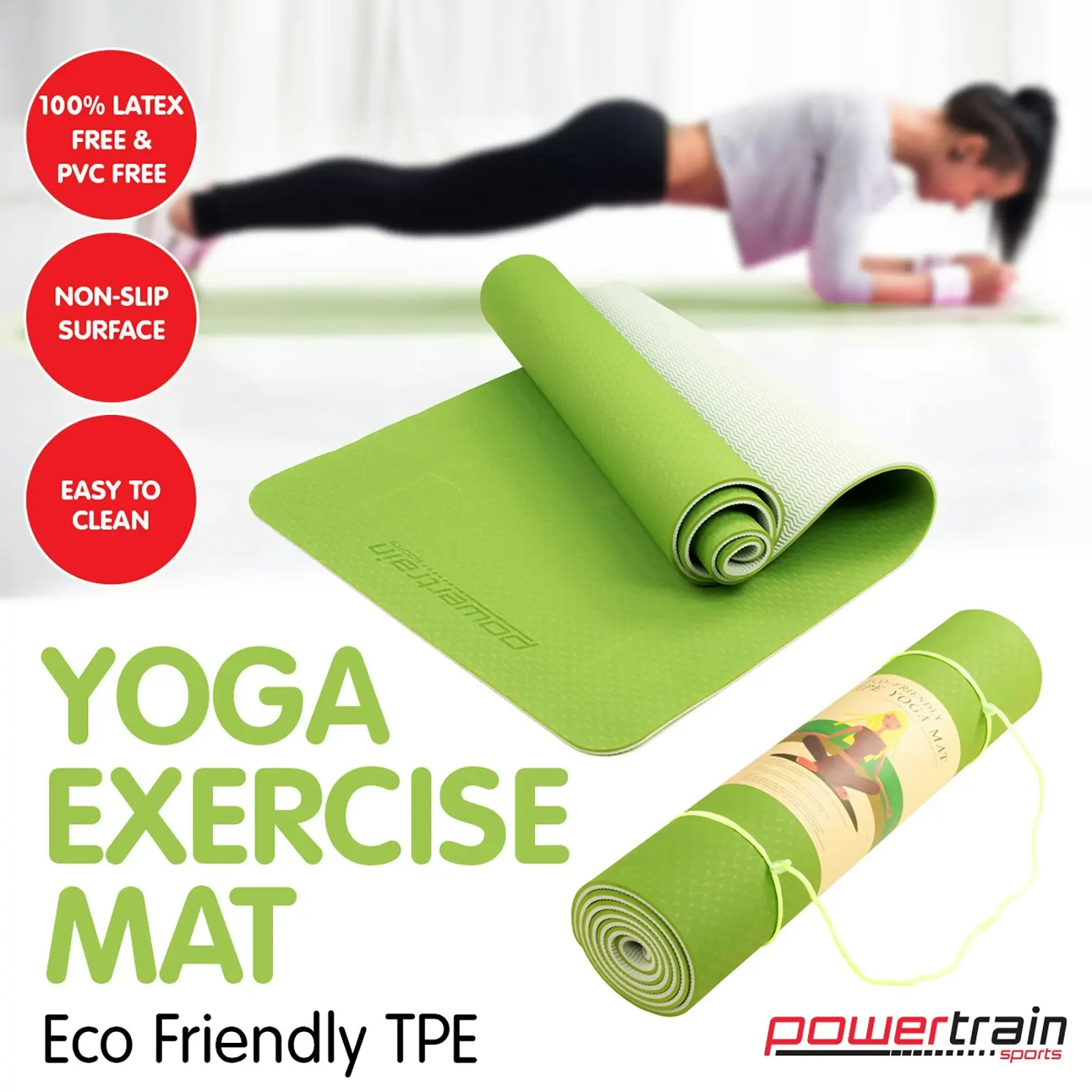 Powertrain Eco-Friendly TPE Pilates Exercise Yoga Mat 8mm - Green