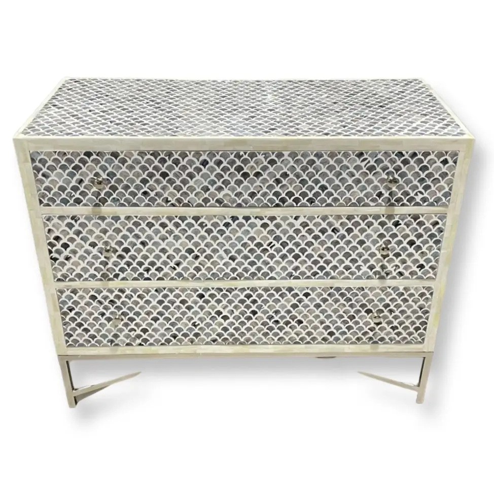 Zohi Interiors Scallop Bone Inlay 3 Drawer Chest in Grey