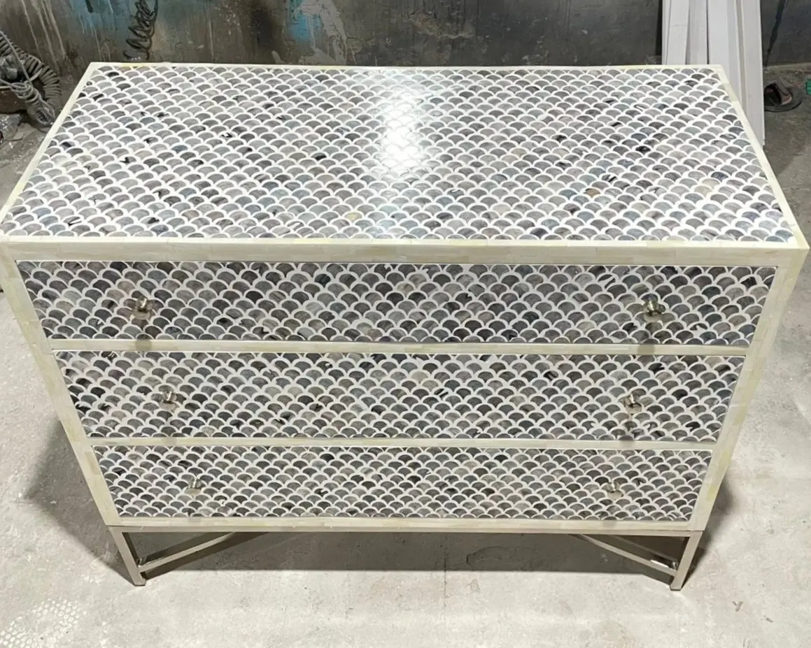 Zohi Interiors Scallop Bone Inlay 3 Drawer Chest in Grey