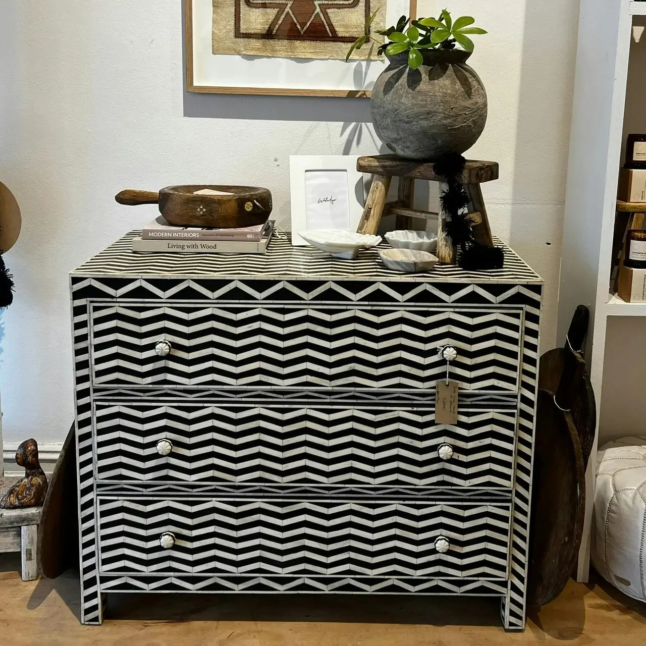 Zohi Interiors Bone Inlay 3 Drawer Chest in Chevron Black