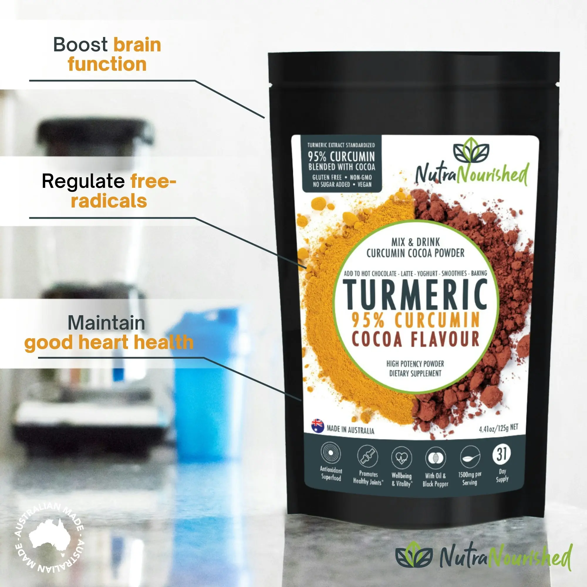 Turmeric 95%  Curcumin Extract w/ Cocoa Flavour - Pure & Organic - 1500mg Turmeric Powder With Black Pepper