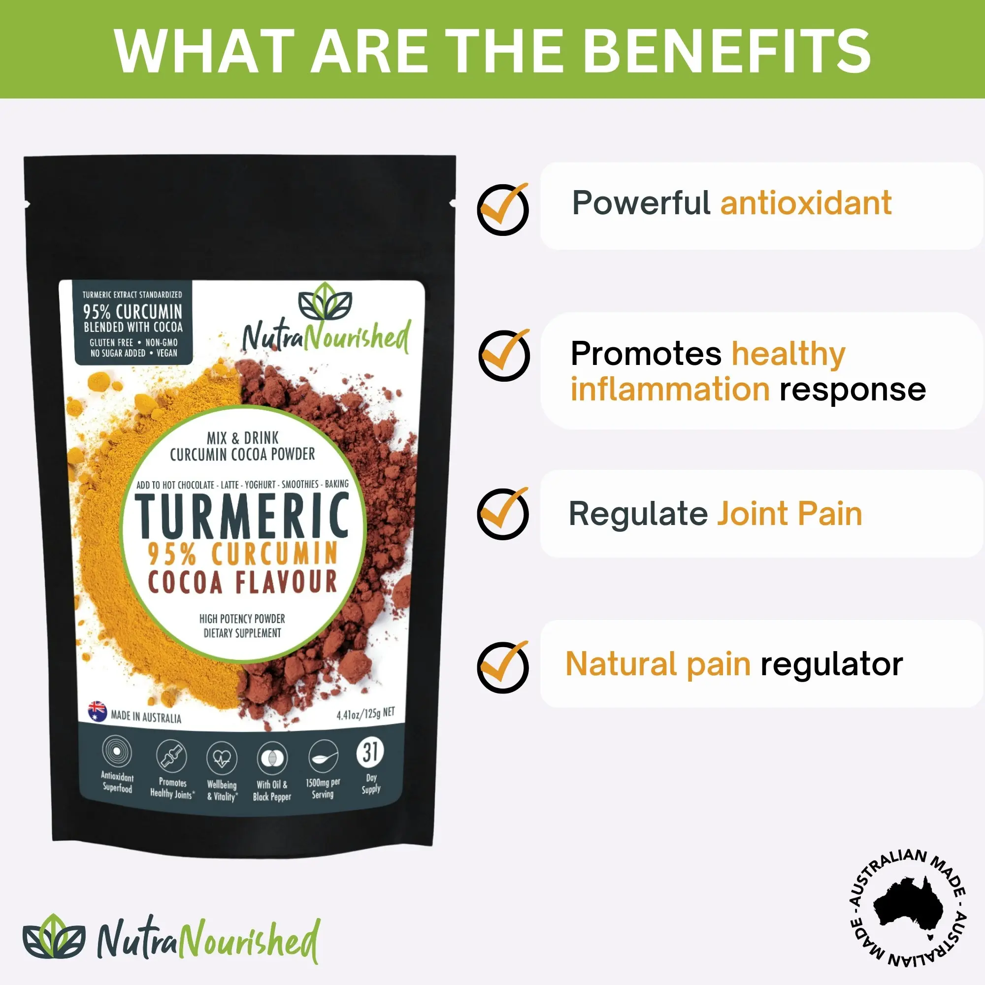 Turmeric 95%  Curcumin Extract w/ Cocoa Flavour - Pure & Organic - 1500mg Turmeric Powder With Black Pepper