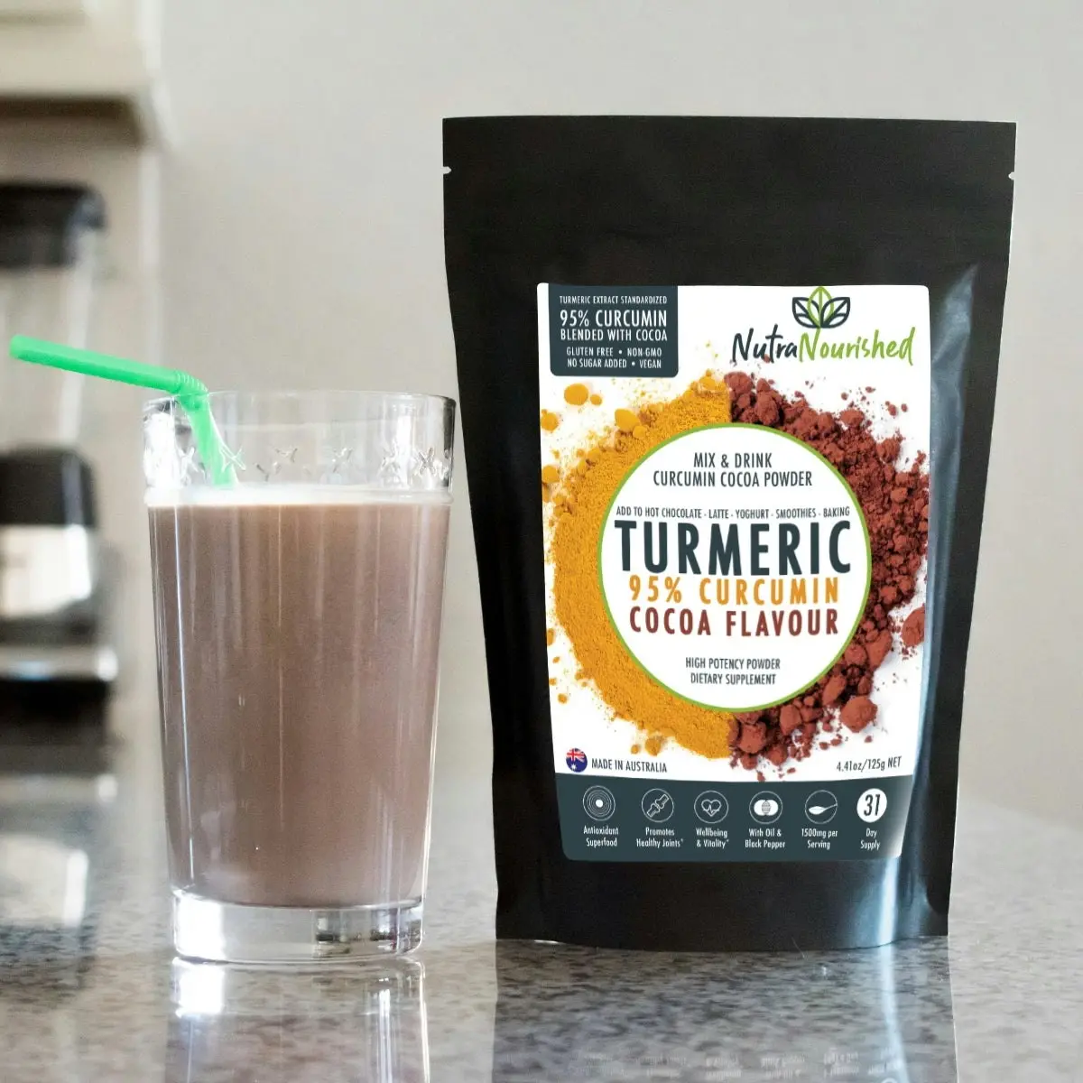 Turmeric 95%  Curcumin Extract w/ Cocoa Flavour - Pure & Organic - 1500mg Turmeric Powder With Black Pepper