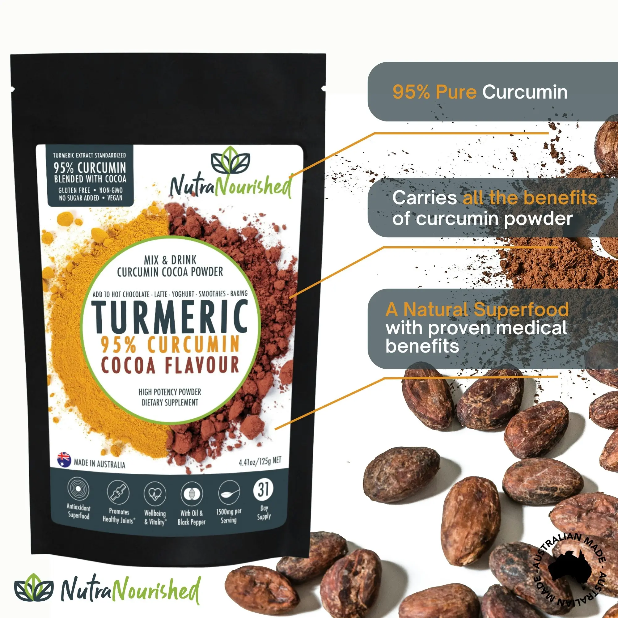 Turmeric 95%  Curcumin Extract w/ Cocoa Flavour - Pure & Organic - 1500mg Turmeric Powder With Black Pepper