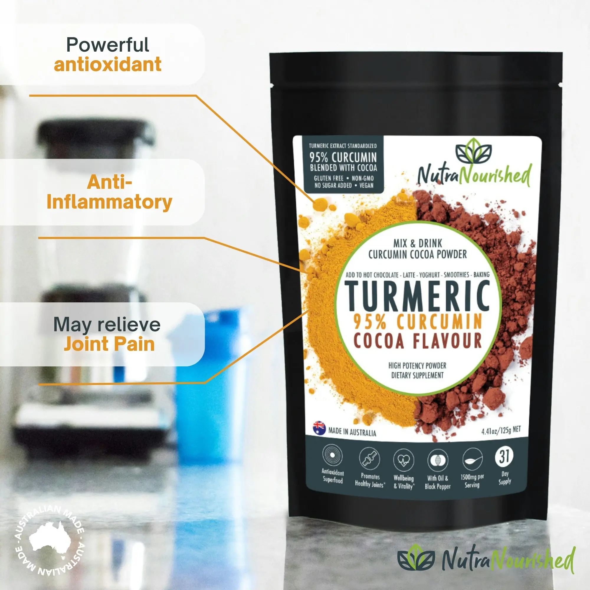 Turmeric 95%  Curcumin Extract w/ Cocoa Flavour - Pure & Organic - 1500mg Turmeric Powder With Black Pepper