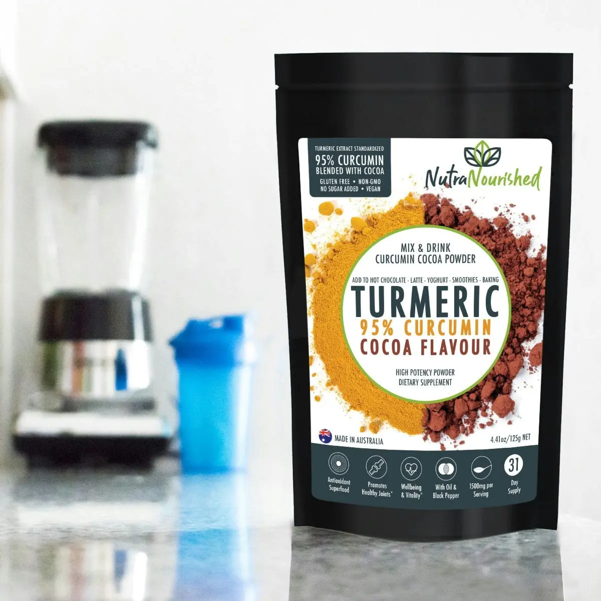 Turmeric 95%  Curcumin Extract w/ Cocoa Flavour - Pure & Organic - 1500mg Turmeric Powder With Black Pepper