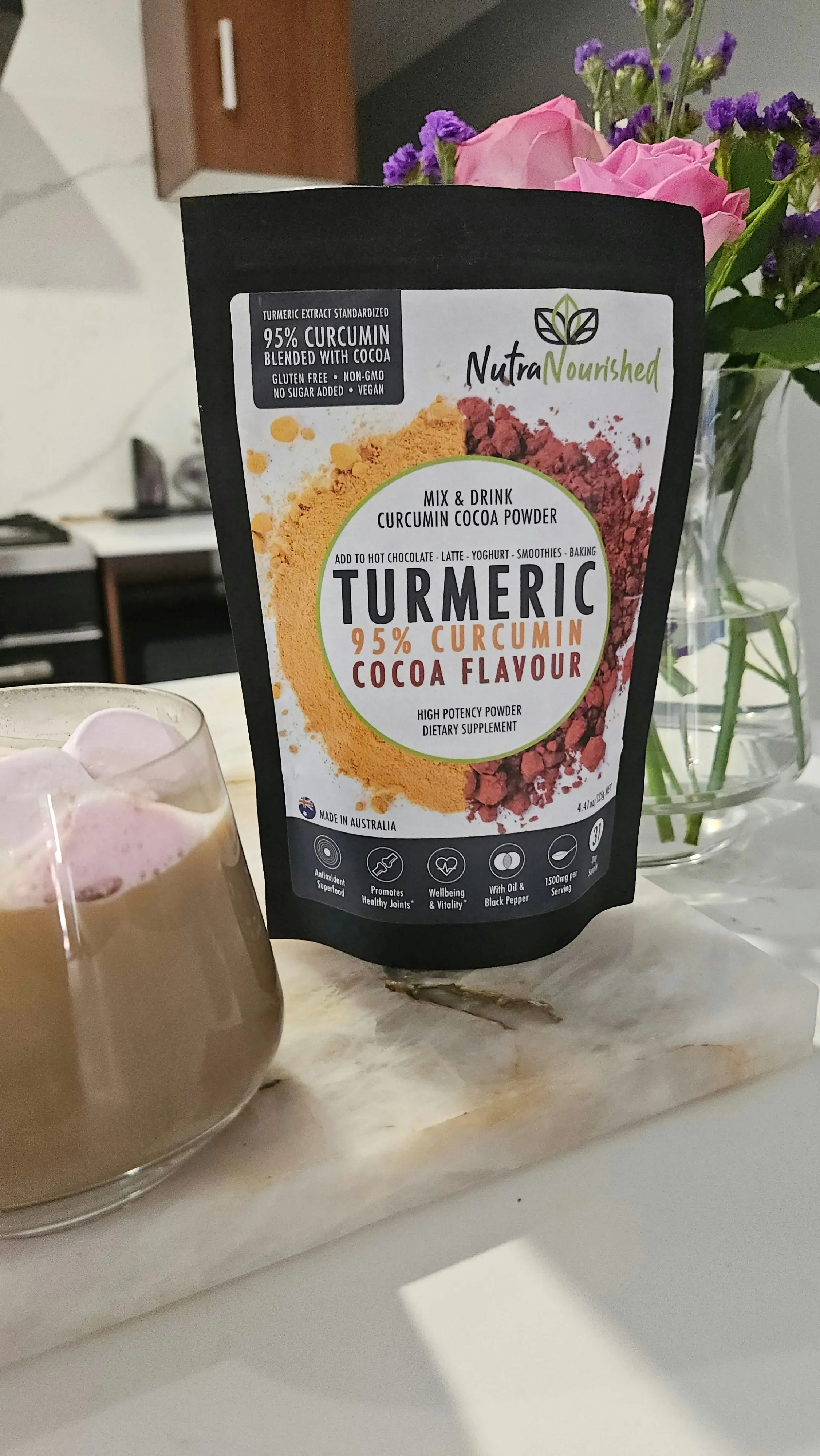 Turmeric 95%  Curcumin Extract w/ Cocoa Flavour - Pure & Organic - 1500mg Turmeric Powder With Black Pepper