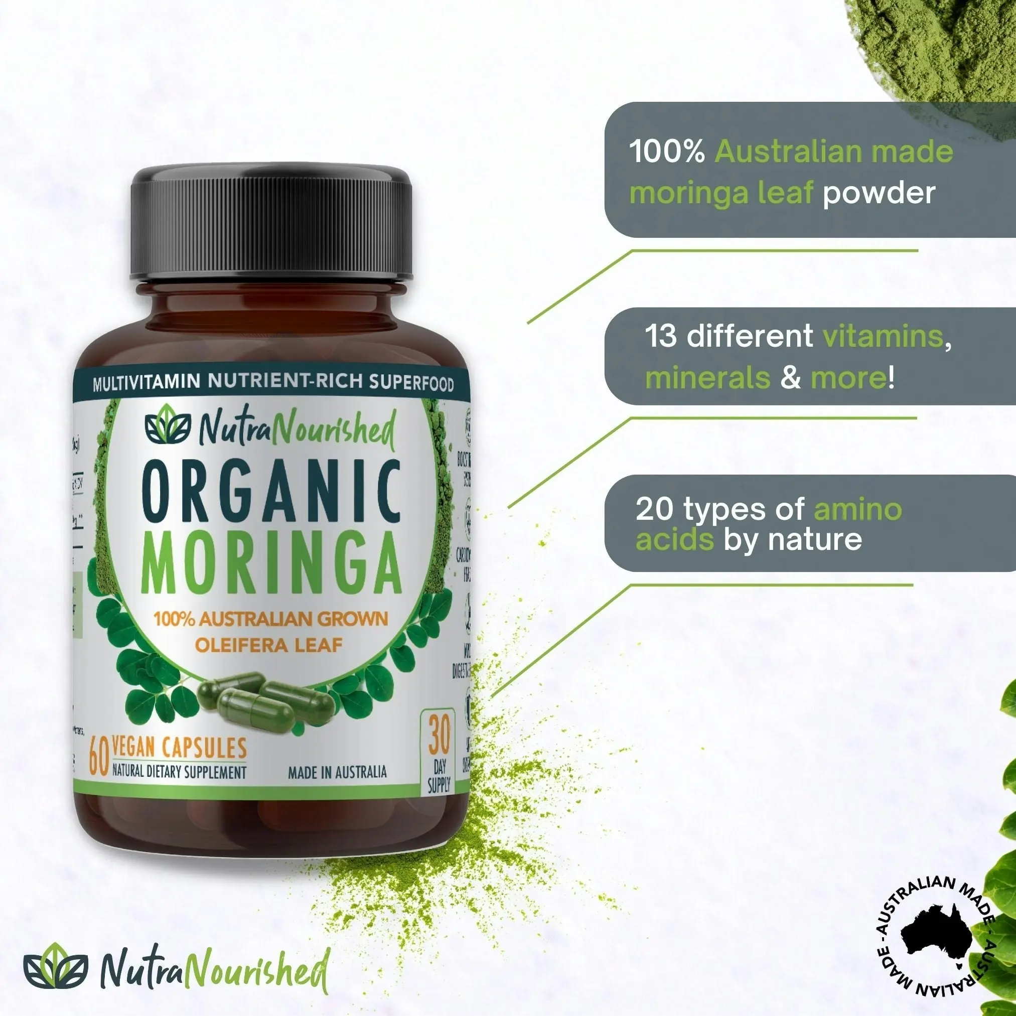 Moringa Leaf Capsules Organic - 100% Natural Grown - 13 vitamins & minerals - 60 Caps