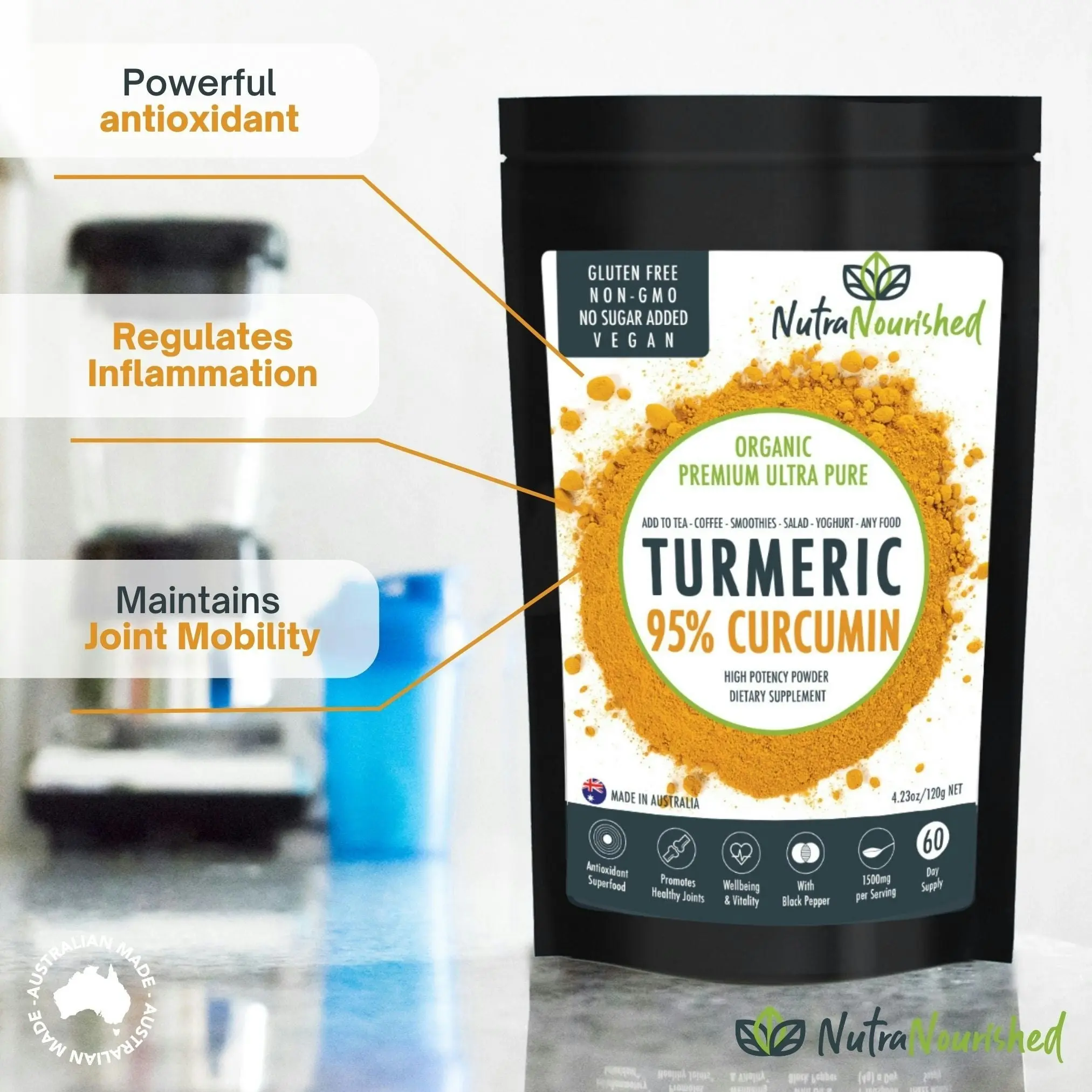 Pure Organic 95% Curcumin Powder - 1500mg of Turmeric Extract Buffered with Black Pepper