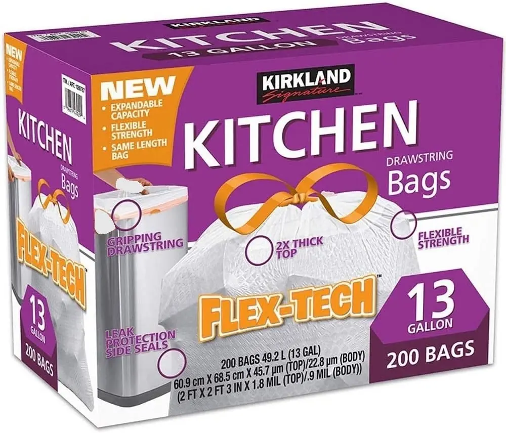 Kirkland Signature Drawstring Kitchen Garbage Bags 13 Gallon 200 Count