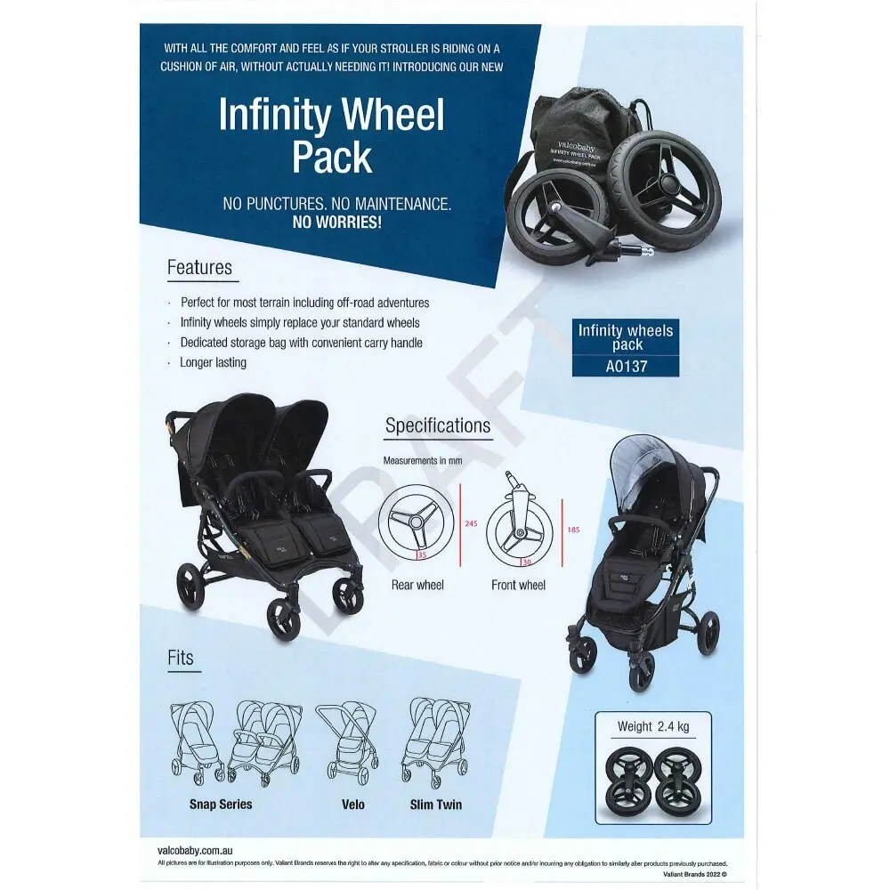 4pc Valcobaby Infinity Tyre/Wheels Set For Snap Single/Duo Strollers/Prams Black