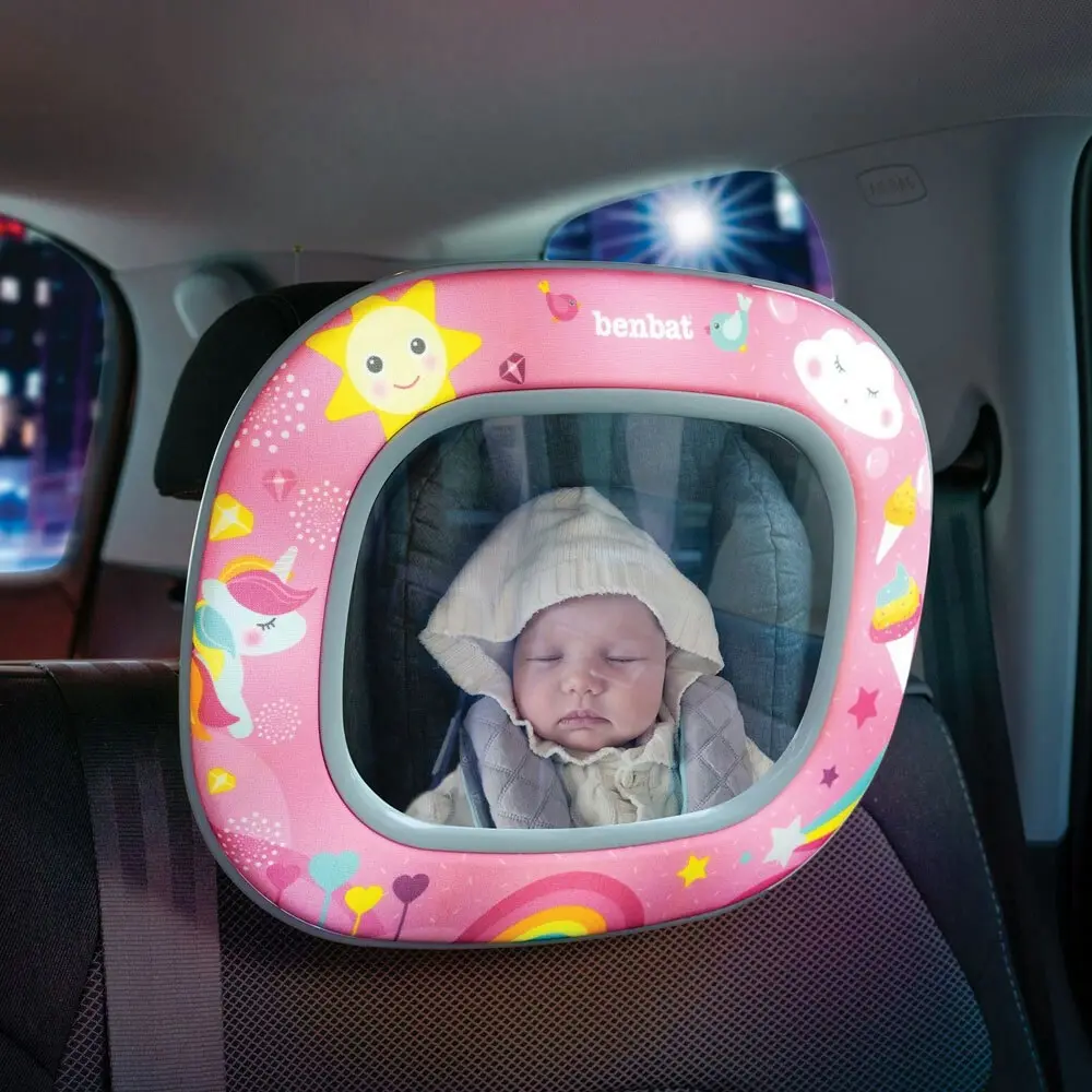 2x Benbat Baby Night & Day 30cm Car Head Rest Mirror w/Light/Lullaby/Remote Pink