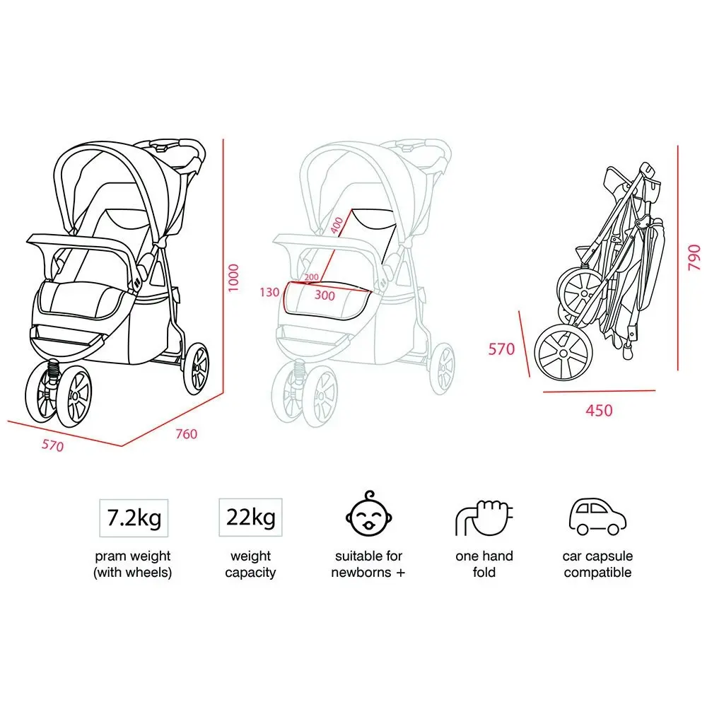 VeeBee Navigator 100cm Stroller/Pram Foldable Kid/Toddler Newborn Baby 0m+ Fauna