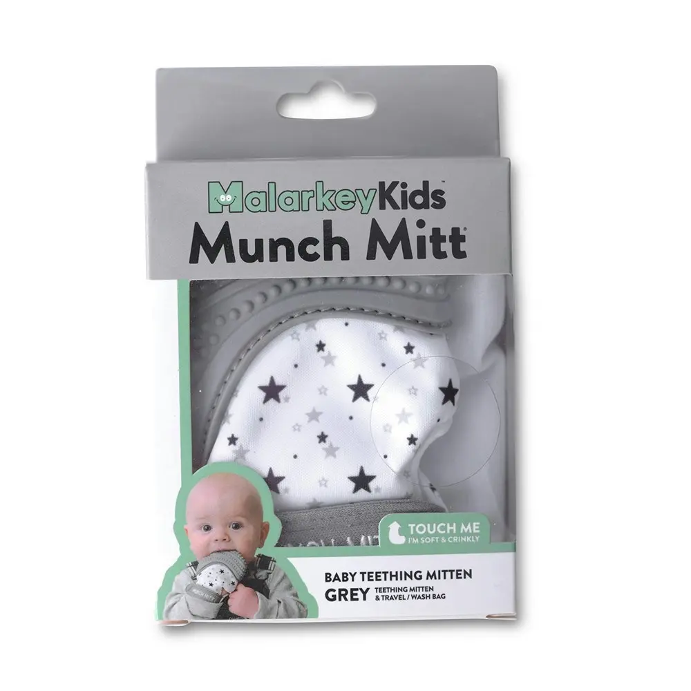 Malarkey Kids Munch Mitt Baby 3-7m Teething Mitten Gloves Silicone Grey Stars