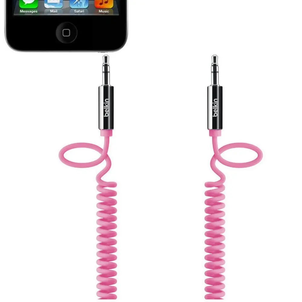 2x Belkin 1.8m Male Coiled Aux Auxiliary Cable Stereo Audio Lead 3.5mm Cord Pink