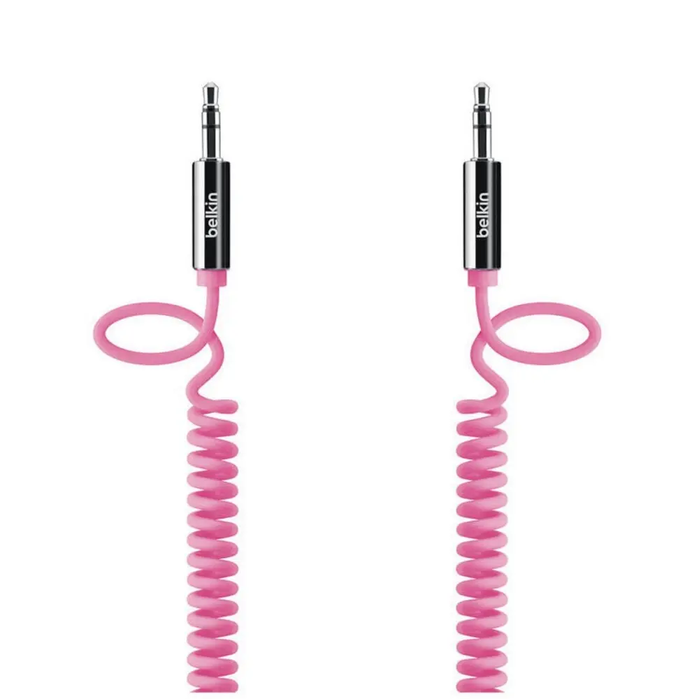 2x Belkin 1.8m Male Coiled Aux Auxiliary Cable Stereo Audio Lead 3.5mm Cord Pink