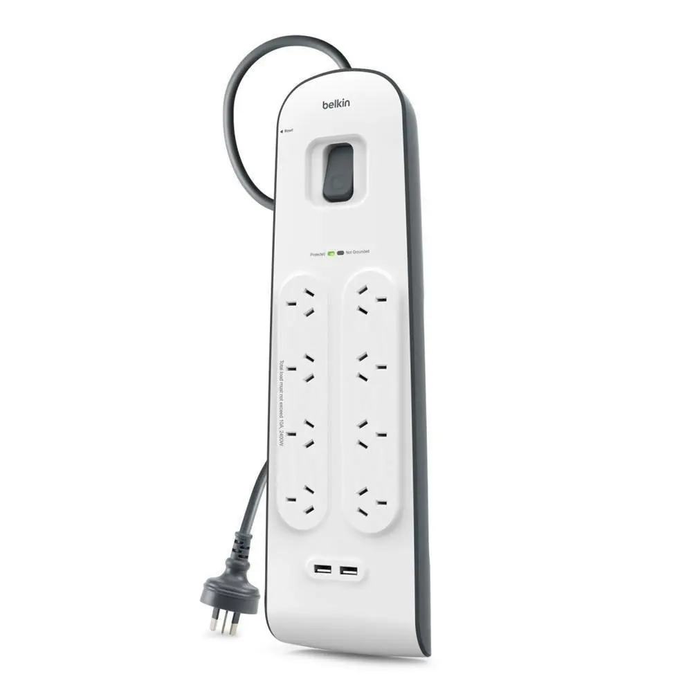 Belkin 8 Way Outlet Surge Protector 2M Power Board 2.4A w 2 USB Ports Charger