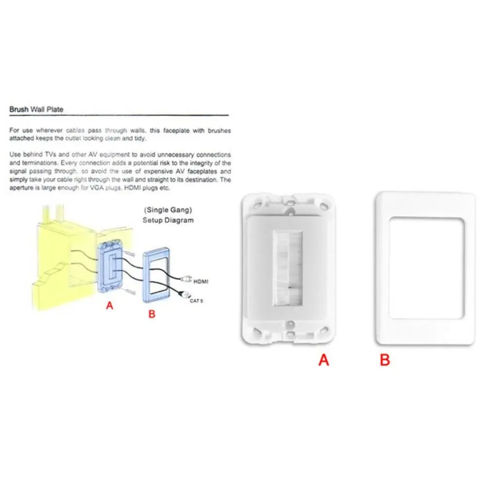 Pro2 White Wall Plate W/Brush Outlet Cover For Cable Lead  Management/Organiser