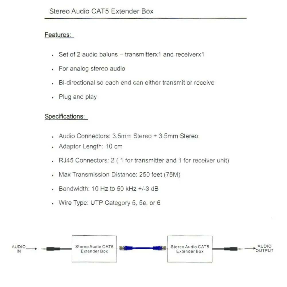 Male AUX 3.5mm Plug Stereo Audio Over Single RJ45 Cable CAT5 Extender/up to 75m