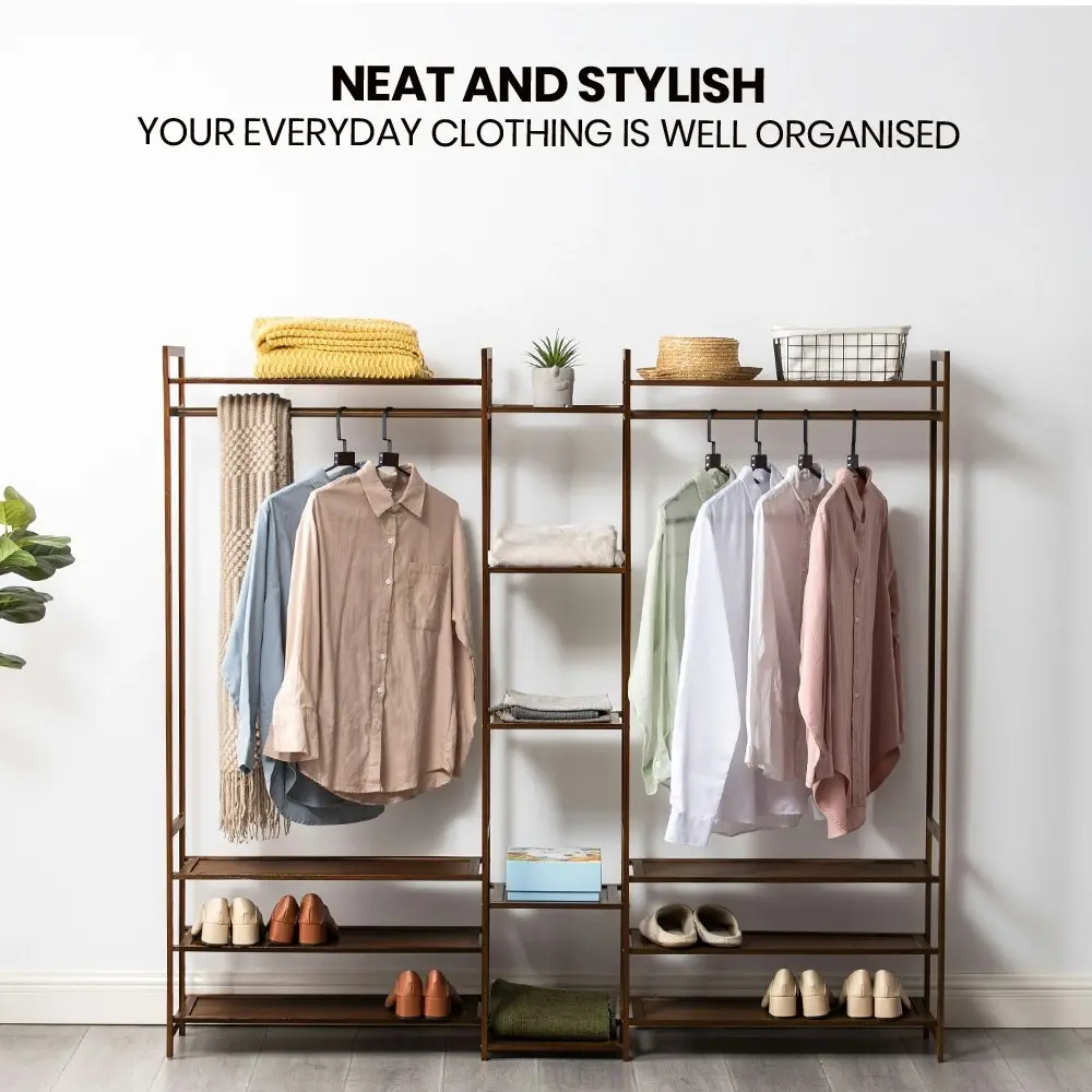 Furb Clothes Rack Bamboo Garment Coat Hanger Stand Closet Organiser Shoe Storage Airer Closet Shelf