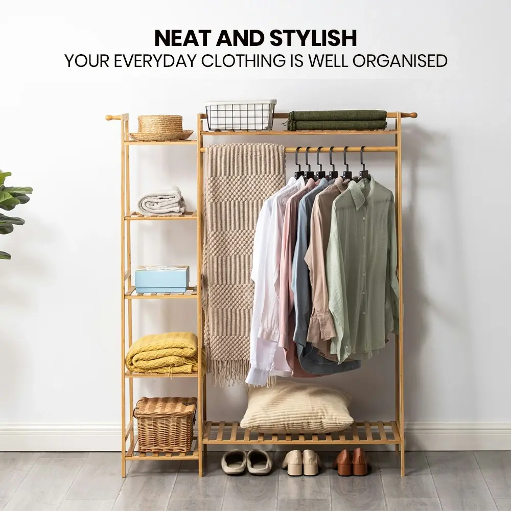 Furb Clothes Rack Bamboo Open Garment Rack Coat Stand Hanging Closet Organiser Shoes Storage Shelves