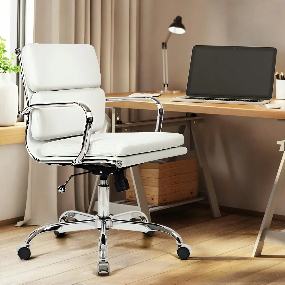 Furb Office Chair Executive Mid-Back Computer PU Leather Work Eames Replica White Silver