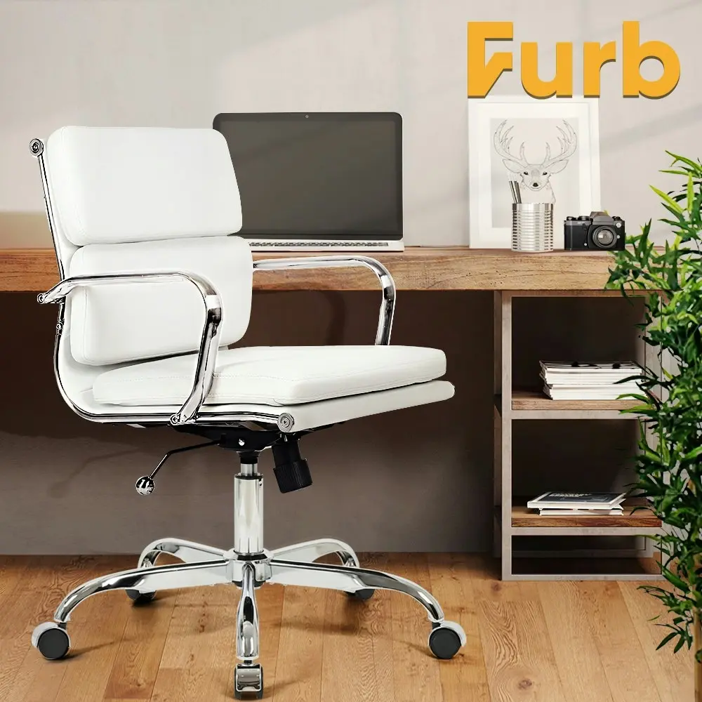 Furb Office Chair Executive Mid-Back Computer PU Leather Work Eames Replica White Silver